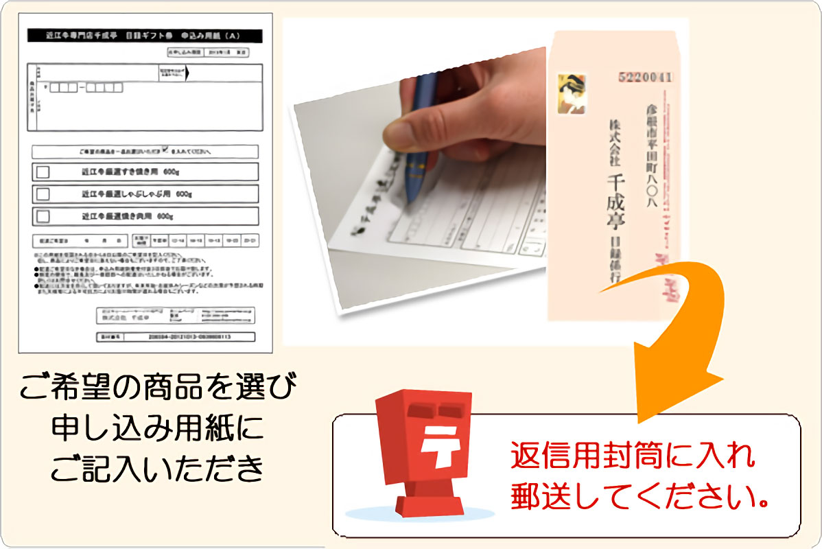 申し込み用紙にご記入いただき、返信用封筒で郵送してください。